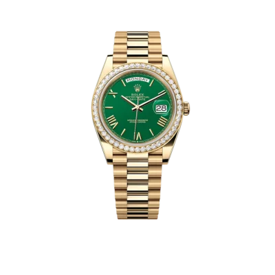 Rolex Day-Date 40 Yellow Gold Green Roman Numeral Dial Diamond Bezel M228348RBR-0040