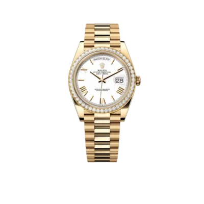 Rolex Day-Date 40 228348RBR Yellow Gold Diamond Bezel White Dial