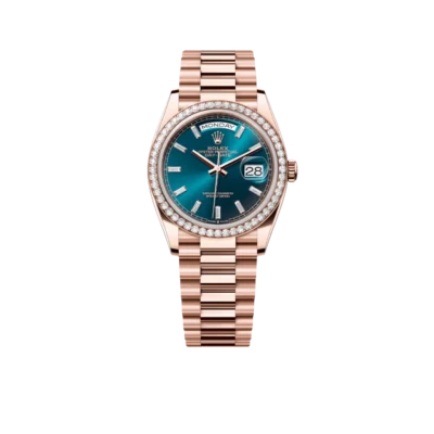 Rolex Day-Date 36mm 128345RBR Rose Gold Diamond Bezel Blue-Green Baguette Marker Dial
