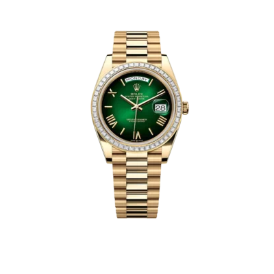 Rolex Day-Date 40mm | 18k yellow gold President bracelet | Green ombré dial Diamond bezel | Mens Watch 228398TBR