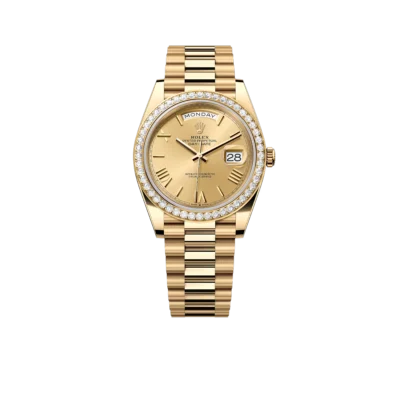 Rolex Day-Date 40 228348RBR Yellow Gold Diamond Bezel Champagne Roman Dial