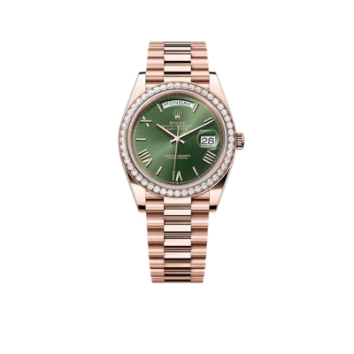 Rolex Day-Date President 40mm Everose Gold Olive Green Roman Dial Diamond Bezel - 228345RBR - New 2025